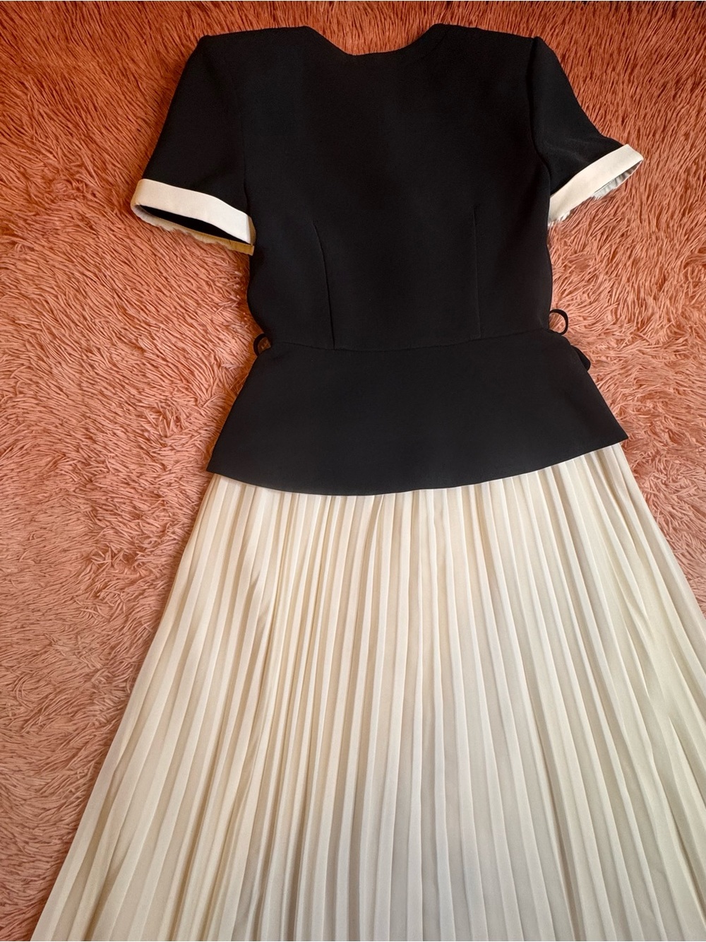 Self-Portrait Black and Cream Midi Dress with Pleated Skirt - Picture 8 of 9